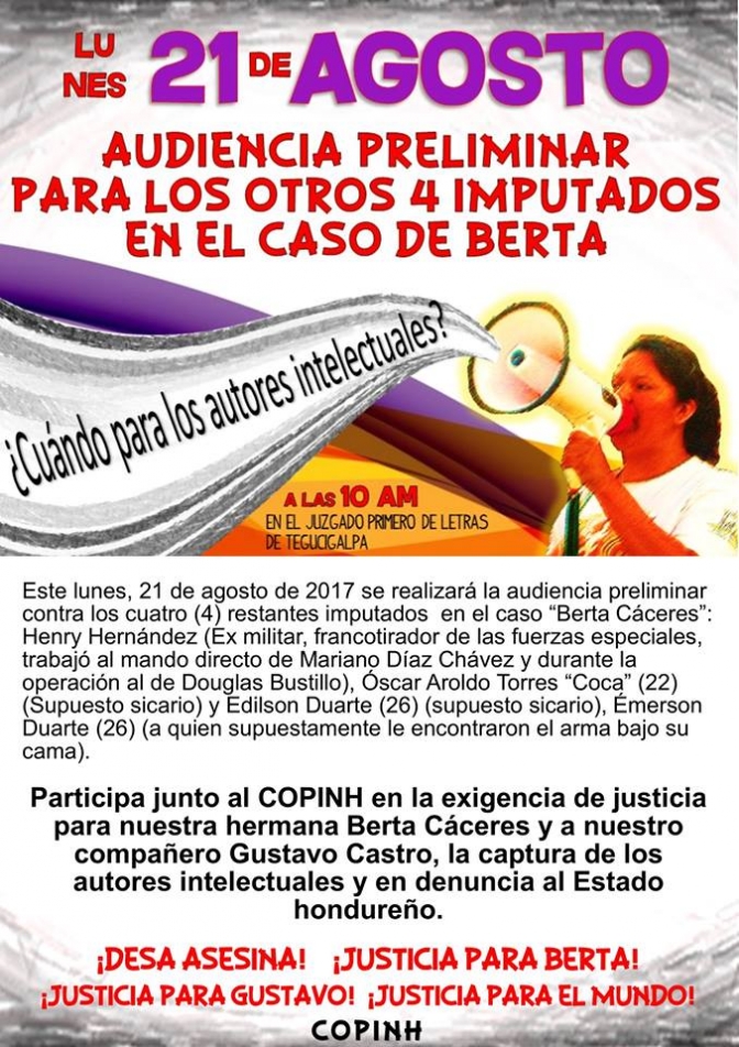 Audiencia Preliminar para 4 imputados en el caso de Bertha Cáceres