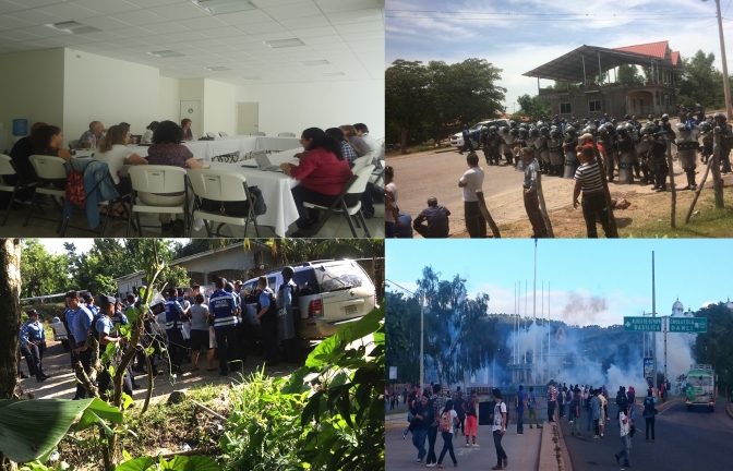Primera foto a la izquierda:delegación Foro Honduras-Suiza en reunión con integrantes de la Coalición contra la Impunidad. Fotos siguientes son actos represivos contra pobladores de la Villa de San Francisco, Comunidad de Pajuiles y represión contra estudiantes de la UNAH.