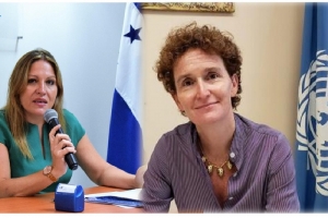 Foto enfrente : Alicia Shackelford,, coordinadora residente de la ONU en Honduras y con micrófono Isabel Albaladejo, representante en Honduras de la OACNUDH
