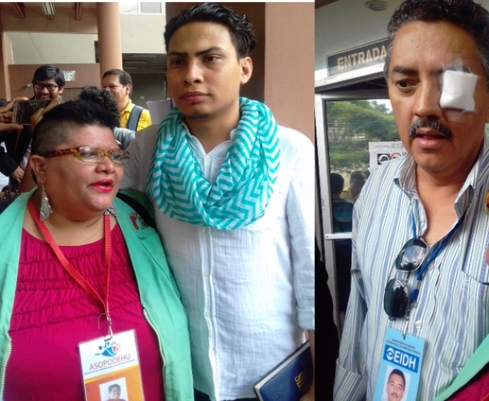 De izquierda a derecha: Tomy Morales (María Tomasa Morales) de la Asociación por la Democracia y los Derechos Humanos, ASOPODEHU; Ariel Díaz, de la Asociación de Jóvenes por los Derechos Humanos y Carlos del Cid, del Observatorio Ecuménico Internacional de derechos Humanos.