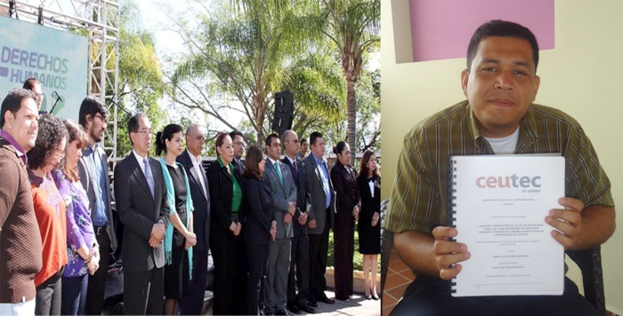 Edwin Alexis Laitano Herrera, previo a optar al título de abogado investigó sobre la Ley de Protección. En la foto con su proyecto de tesis en la mano. Él se interesó mucho en esta reciente Ley por el impacto que tendrá para Honduras.