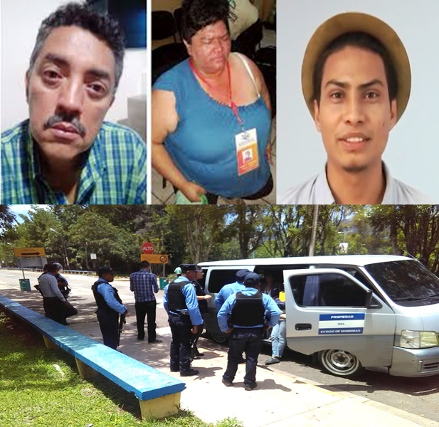 Arriba los defensores de DDHH Carlos del Cid(OIEDH), Tomy Morales (ASOPODEHU) y Ariel Díaz (Jóvenes por los Derechos Humanos). Abajo oficiales de policía que cometieron los abusos
