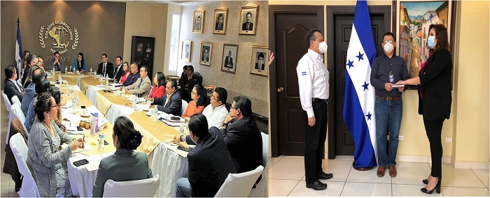 Foto de la izquierda: Reunión del Consejo Nacional de Protección . Foto de la Derecha: Juramentación de la Viceministra Rosa Seaman, el 26 de mayo de 2020, apenas lleva cuatro meses en el cargo 