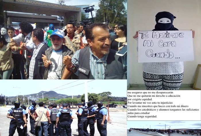En la primera foto estudiantes salen rodeados por defensores y defensoras de derechos humanos para protegerse en un lugar seguro después de sufrir vejámenes de la policía.