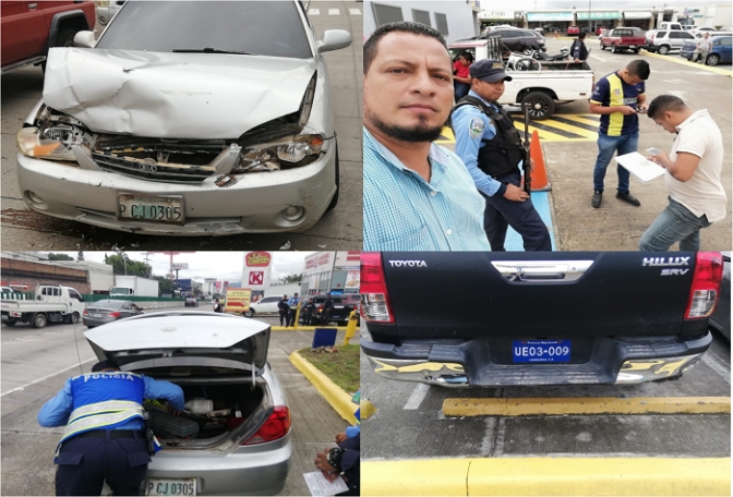 De izquierda a derecha fotos arriba: Como quedó el carro de Jairo López y en la otra el periodista junto a su escolta, al fondo agentes por todos lados y uno de la DIPOL. Foto abajo de izquierda a derecha, policía registrando el carro de Jairo y a la par la foto de el daño al carro de los TIGRES