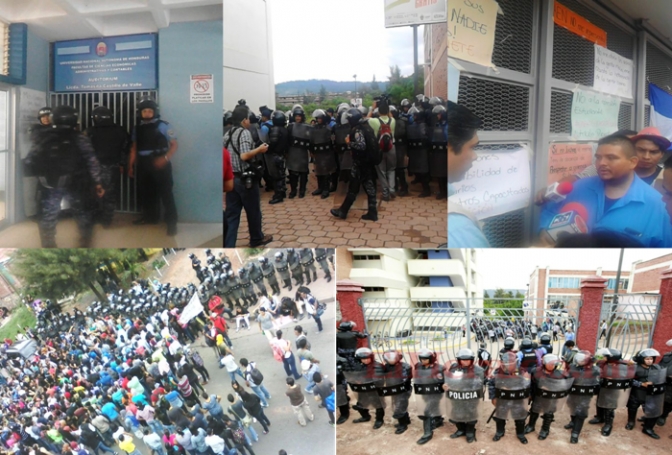 Fotos de arriba: policías tratan de entrar al edificio de Economía. Foto 2: policías se alistan para la represión en Odontología. Foto3: Juez Ejecutor Héctor  Manuel Valladares. Abajo: Foto izquierda: decenas de estudiantes salen de la UNAH después de permanecer casi un mes en la UNAH. Foto abajo a la derecha: policías con escudos y toletes en las afueras de la universidad