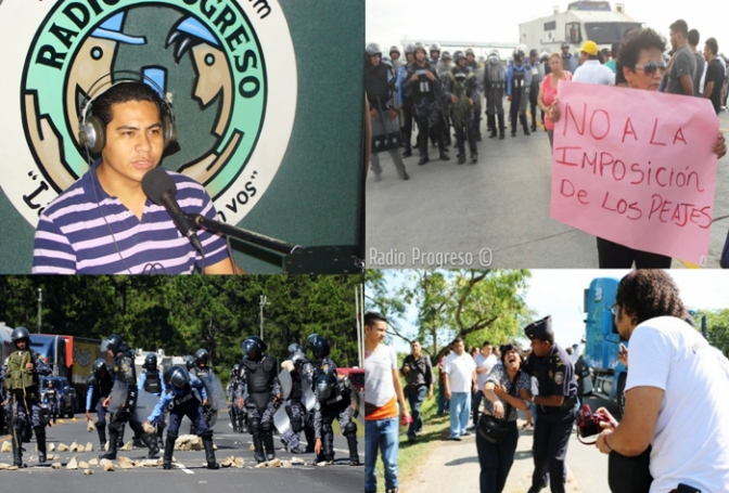 Foto arriba a la izquierda: Inmer Gerardo Chévez, Radio Progreso. Foto abajo a la derecha: periodista Dunia Montoya, salvajemente golpeada el 01 de septiembre de 2015. A la izquierda policías lanzan piedras contra manifestantes, ya no les bastó los gases, los toletes, las patadas o los anillos de la impunidad.